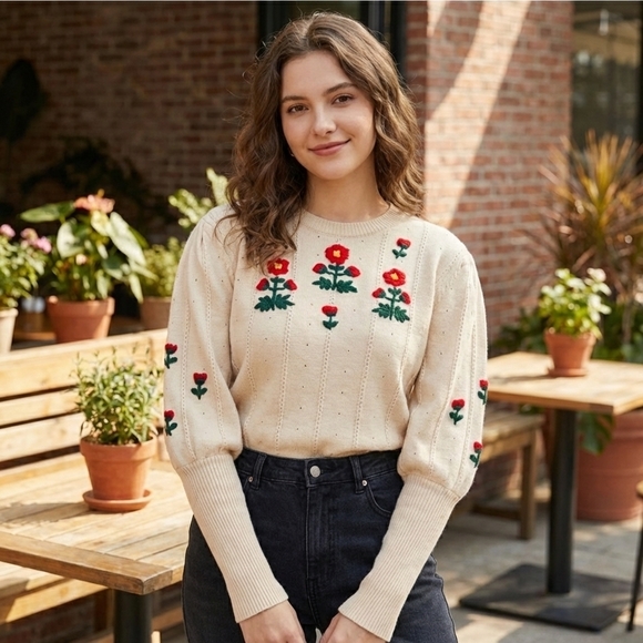 Cider Sweaters - Cider Floral Pattern Embroidered Knit Long Sleeve SZ L